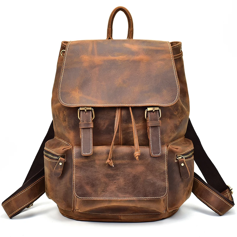 US $78.00 Maheu Vintage Leather Travel Backpack Men Women Packsack Leather Knapsack Student School Bag Vintage Rucksacks 14