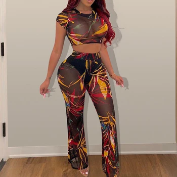 

2019 Mesh Print Loose Pants 2 Piece Outfits For Women O Neck Short Sleeve Crop Top Wide Trousers Plus Size Club See Through Set