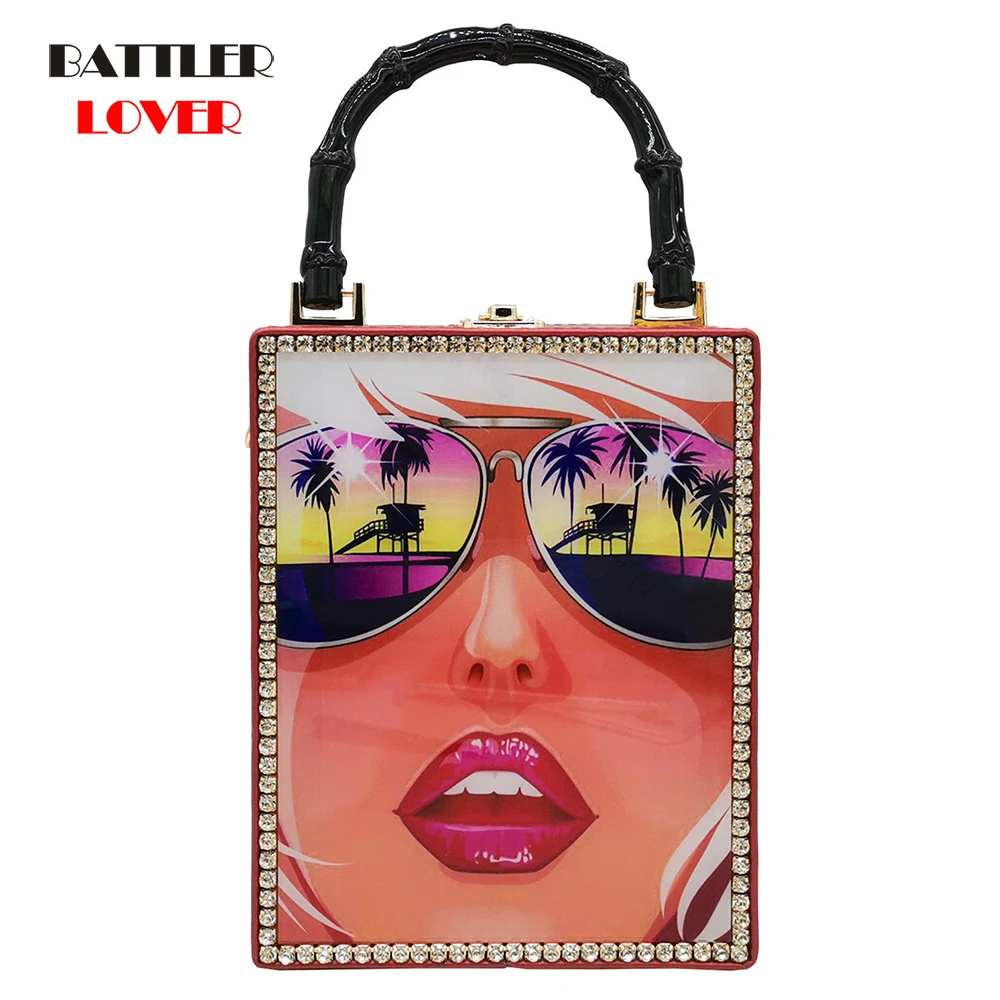 Fashion Box Evening Bag Diamond Flower Clutch Bag Hollow Relief Acrylic Luxury Handbag Banquet Party Purse Women