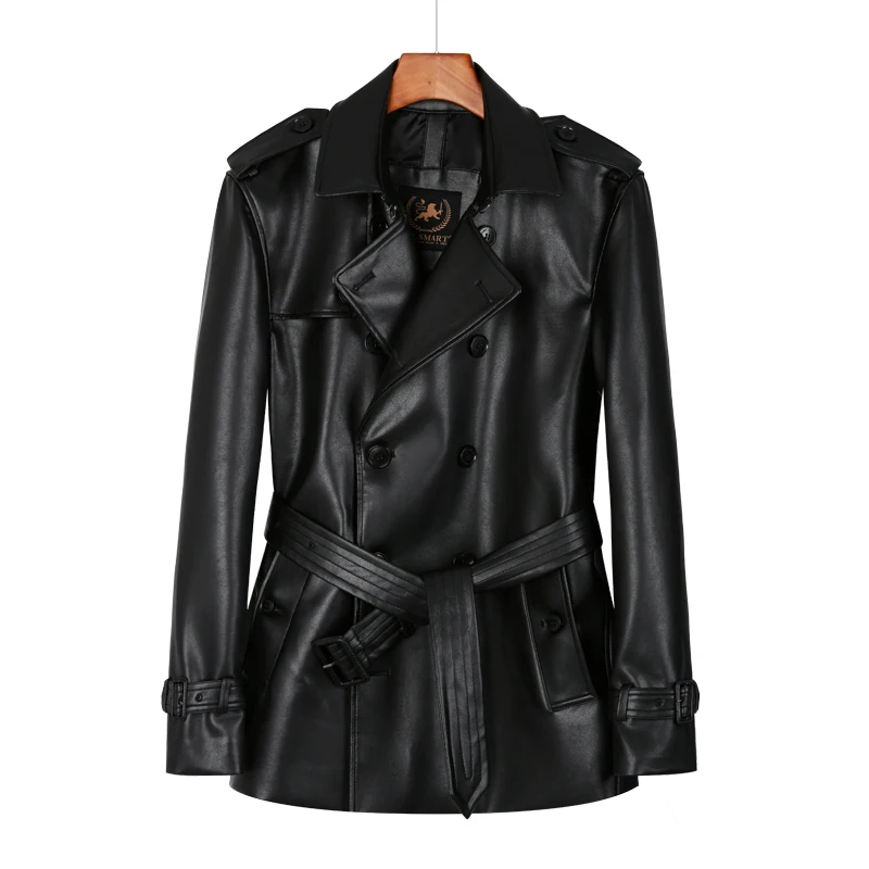 men's Leather windbreaker double breasted short men's leather