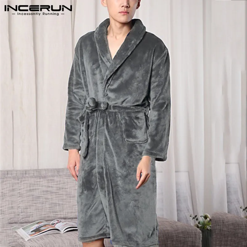 INCERUN Long Sleeve Flannel Men Robes Kimono Solid Casual Plush Sleepwear Fashion Warm Couple Bathrobes Winter Men Homewear