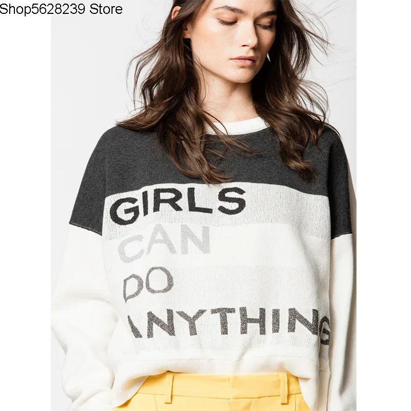 

France Zv Contrast Color Letter Wool Cashmere Lazy Wind Sweater Woman Profile Short Money Knitting Shirt