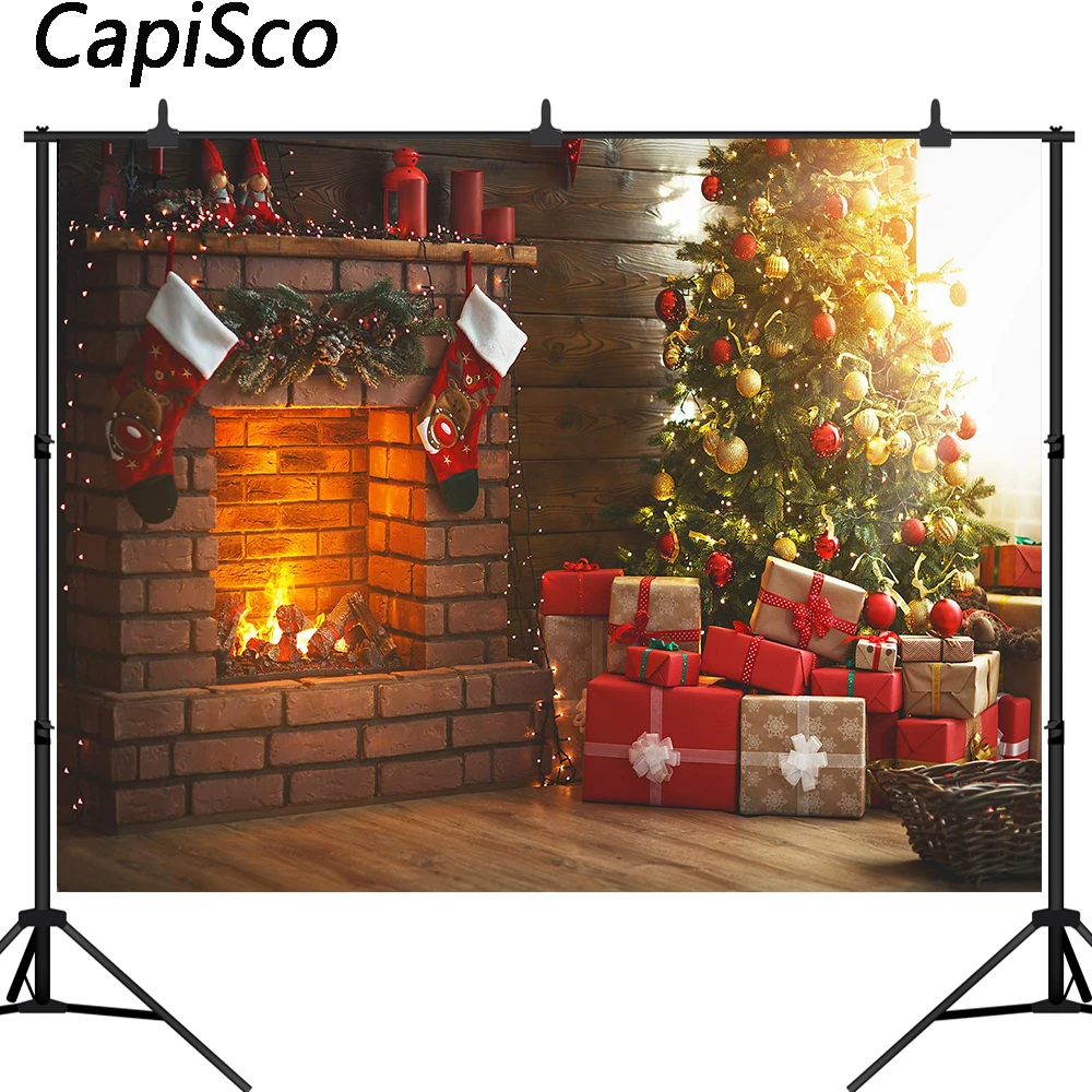 

Capisco Photographic Backdrops Christmas Tree Fireplace Gift Sock Child Portrait Photography Backgrounds Photocall Photo Studio