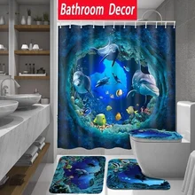 Fashion Ocean Dolphin Deep Sea Shower Curtain Bathroom Waterproof Pedestal Rug Lid Toilet Cover Bath Mat