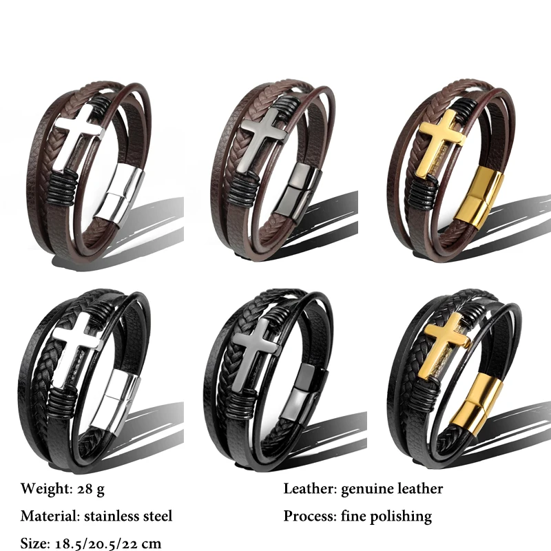 Leather Bracelet MingAo Trendy Vintage Men Leather Bracelet Cross Charms Stainless Steel Magnetic Clasp Multilayer Braided
