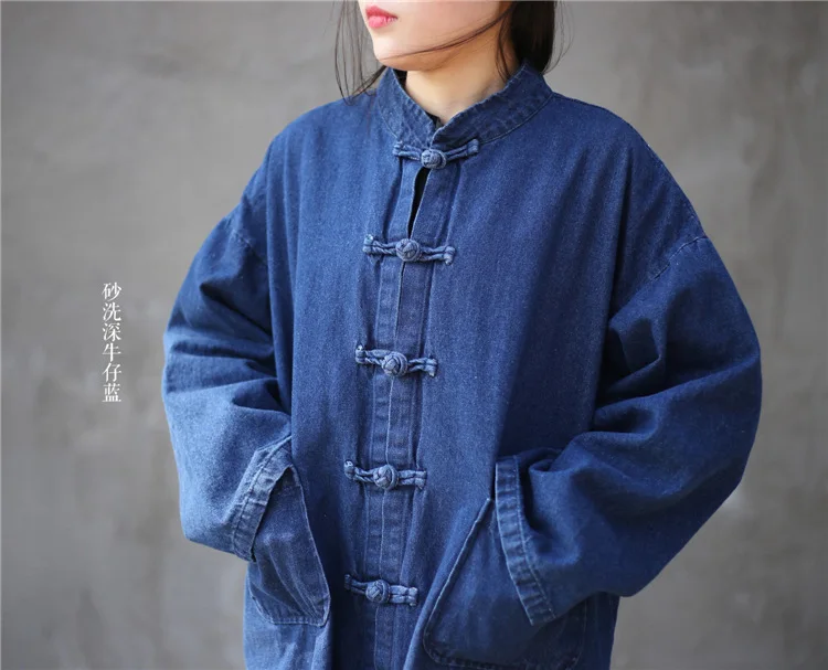 Маленький теплый литературы и искусства Китайский Пан кнопку платье Zen Длинные свободные джинсы Windwear пальто