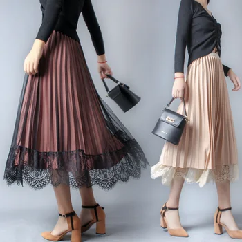 

High waist gauze skirt female solid color both sides wearable lace pleated elegant big size women beautiful mesh midi skirt