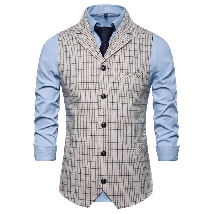

New Men's Single-breasted Plaid Vest with Suit Collar