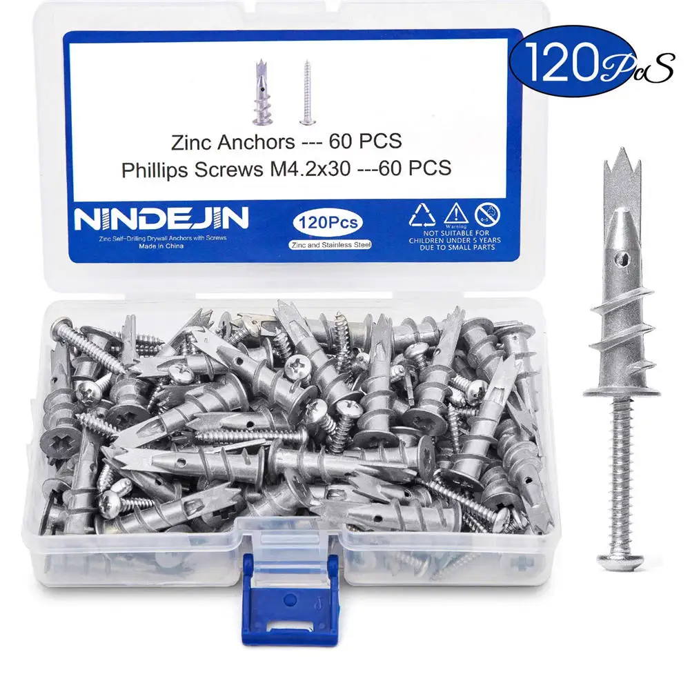 NINDEJIN 120pcs/set Screws Zinc Alloy Self Drilling Board Drywall Hollow-wall Anchors M4.2 Tapping Screw Kit With Storage Box