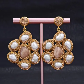 

GuaiGuai Jewelry White Baroque Pearl Sunstone Gold plated Stud Earrings