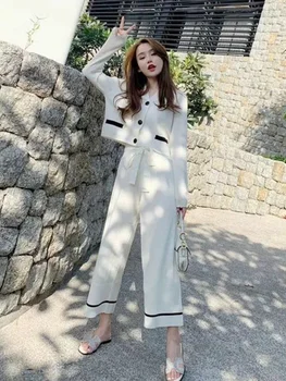 

Women's 2020 knit cardigan draping wide leg pants foreign style small Korean fashion was thin two-piece suit