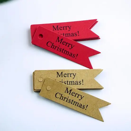 

100 Pcs Brown Red Thank you Paper Mark Tags Hanging Label Merry Christmas Gift Box Tag Card DIY Party Gift Baking Bag Tag, 7x2cm