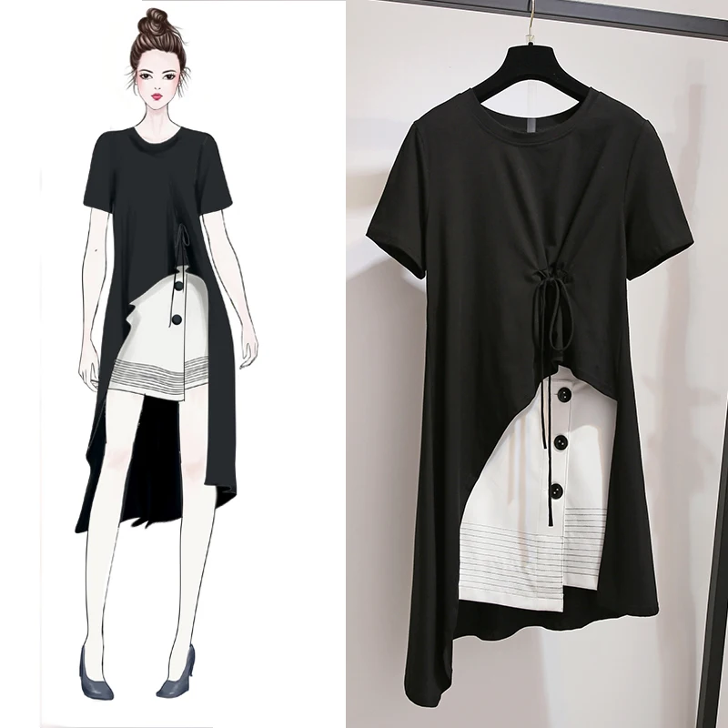 

JSXDHK Fashion Women Irregular Two Piece Set Dress Summer Short Sleeve Loose Tops And Plus Size White Button A Line Skirt Set