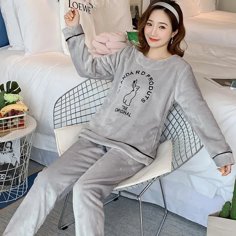 Зимняя пижама из 2 предметов для женщин, теплая плотная Пижама с круглым вырезом, Фланелевая пижама с милым рисунком, домашняя одежда, костюм - Цвет: Grey Rabbit