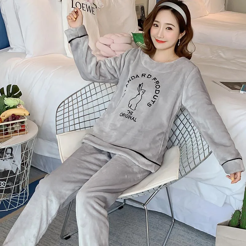 Grey Rabbit Зимняя пижама из 2 предметов для женщин, теплая плотная Пижама с круглым вырезом, Фланелевая пижама с милым рисунком, домашняя одежда, костюм - Цвет: Grey Rabbit