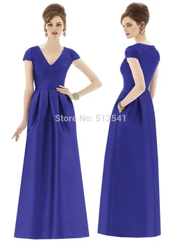 

Short Sleeves robe de soiree Blue Evening Dresses A Line V Neck Zipper Back Ruffle Floor Length Satin 2019 Formal Prom Gowns
