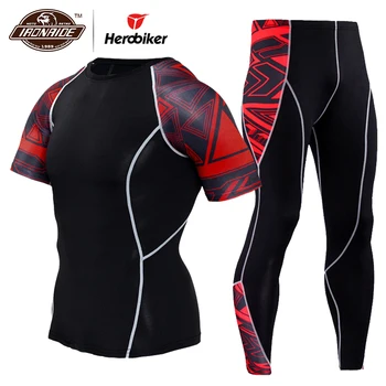 

HEROBIKER Summer Compression Sport Suit Men Sportswear Motorcycle Jacket Short Sleeve Running T Shirt Sports Suits Jogging Sets