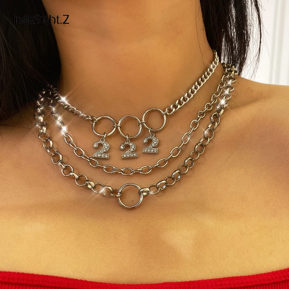 

IngeSight.Z 3Pcs/Set Multi Layer Punk Hip Hop Curb Cuban Thick Choker Necklace for Women Crystal Number Pendant Necklace Jewelry