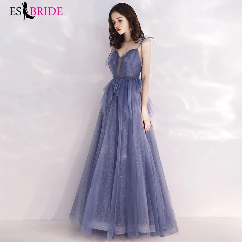 

Evening Dresses Long 2019 Fashion A-line Girl's Wedding Spagtetti Strap Grey Blue Full Tulle Sexy Formal Party Gowns ES2940-1