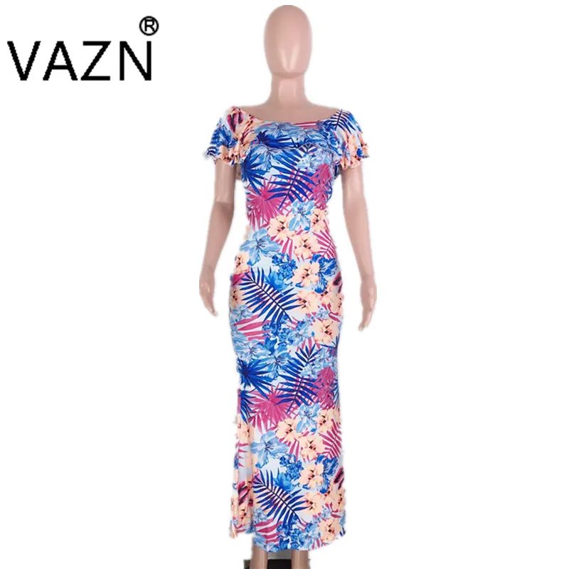 VAZN High Street Дизайн Популярный элегантный стиль Женская одежда специальная печать Slash шеи короткий рукав шифон Макси платье 8900
