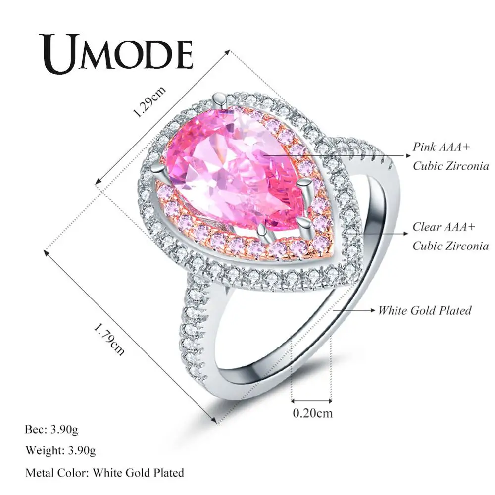 UMODE, розовые кольца с кристаллами для женщин, грушевидное яйцо, кубический цирконий, кольца на свадьбу, обручальные ювелирные изделия, вечерние подарки для девочек UR0567
