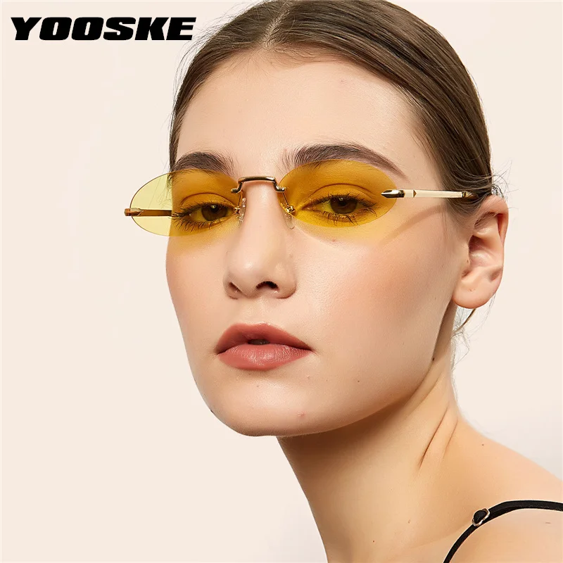 YOOSKE Овальные Солнцезащитные очки женские роскошные красные желтые прозрачные линзы без оправы Солнцезащитные очки Мужские фирменный дизайн безрамные очки UV400 очки