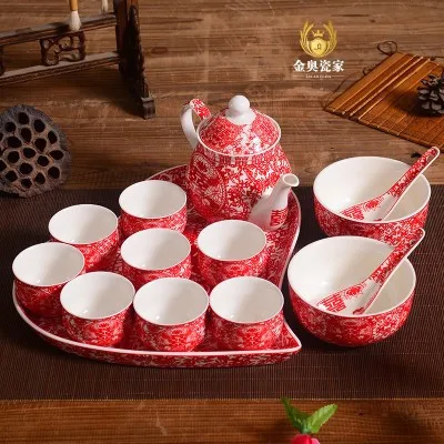 Высококачественный китайский свадебный подарок, свадебные принадлежности, красный керамический чайный чайник, двойной чайный горшок в форме сердца, набор подноса - Цвет: 9
