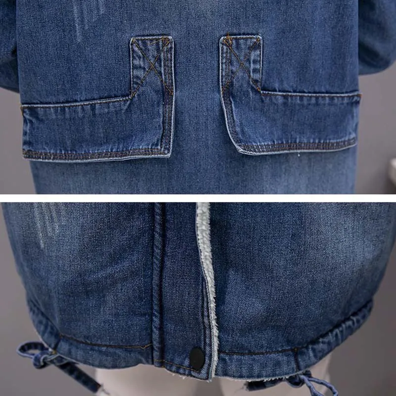 Женская джинсовая куртка с капюшоном теплая зимняя длинная свободная меховым