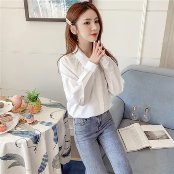 

COIGARSAM Casual Full Sleeve Shirt Womens tops New Spring Chiffon Solid Loose Peter pan Collar Women shirts White Black 5206