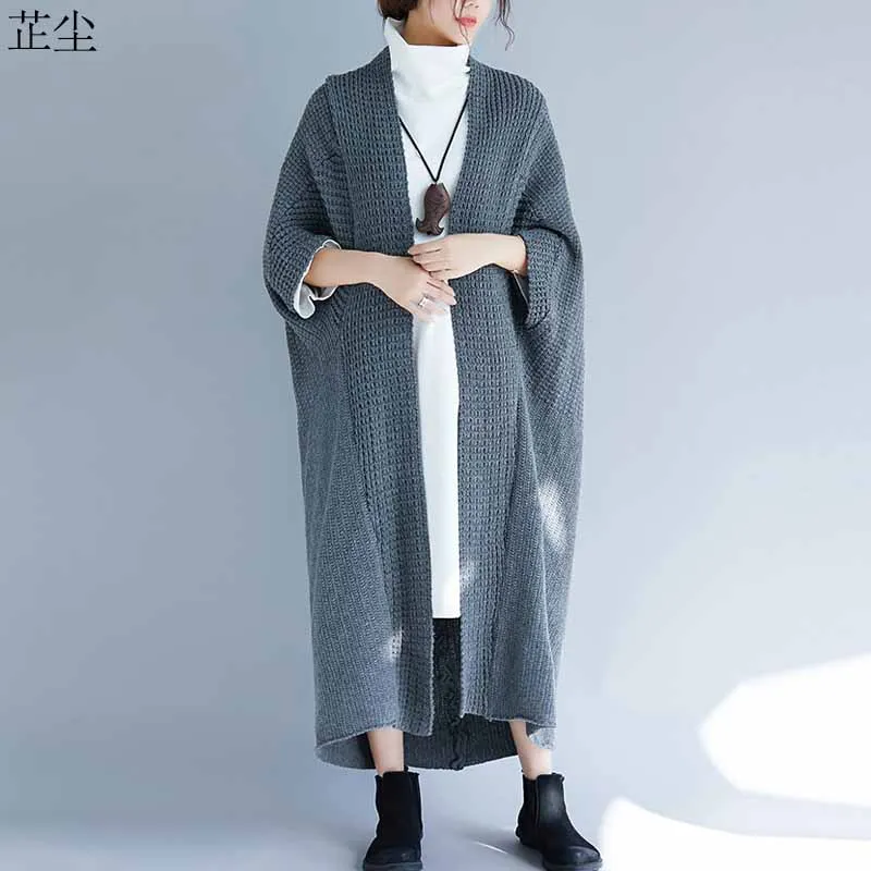 Плюс размер женский свитер пальто винтажный летучая мышь вязаный длинный свитер с v-образным вырезом кардиган куртки большой размер, свободного кроя шерстяной кашемировый свитер