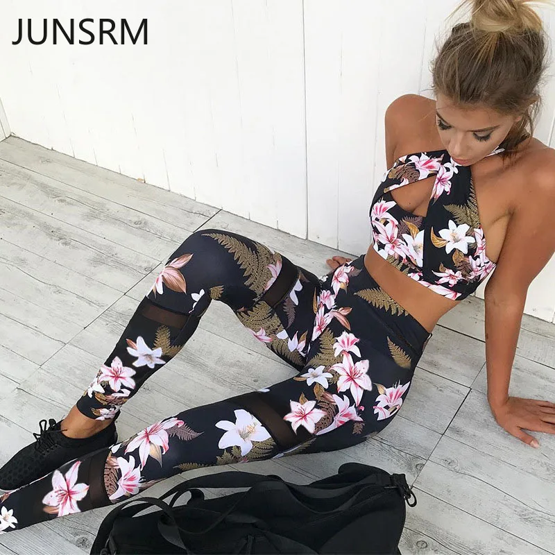 2 piece set autumn women gym printing mesh stitching sports bra tight pants two separate leggings sport fitness | Женская одежда