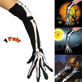

2019 New Halloween Skeleton Skull Black Long Gloves With Bone Print Fancy Dress Accessory Party Prop Long Gloves 1 Piar