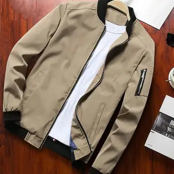 

Plus Size Men Chic Solid Color Long Sleeve Zipper Pockets Slim Varsity Jacket
