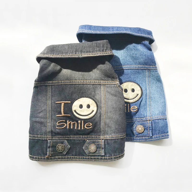 

Small Puppy Dog Cat Clothes French Bulldog Embroidered Jacket New Korean Smiling Face Spring Autumn Pet Clothing Denim Vests 20E