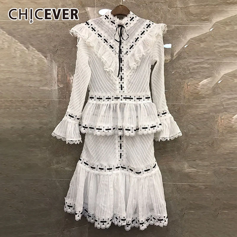 CHICEVER/осенний лоскутный Женский комплект с оборками, футболка с расклешенными рукавами, юбка с эластичной резинкой на талии, женский костюм, модная новая одежда