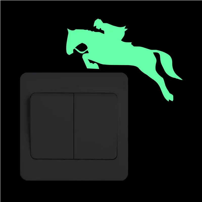 

Man Riding Horse Jumping Switch Sticker Glow in the Dark Funny Cartoon Wall Stickers Kids Room Luminous Stickers Bedroom Decor