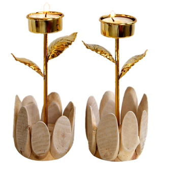 

2Pcs Candle Holder Stand Candelabra Golden Candlestick Rose Floral Wooden Base Wedding Event Party Candelabra