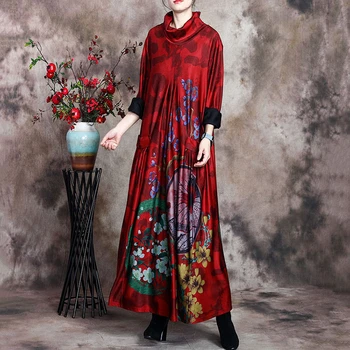 

SeeBeautiful Large Size Dress Turtleneck Long Sleeve Flower Printed Irregular Vintage Woman Summer Autumn 2020 New Fashion T707