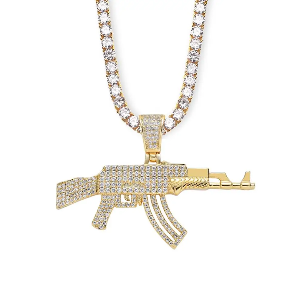 Ожерелье мужское Латунное в форме пистолета с фианитом AAA + | Украшения и
