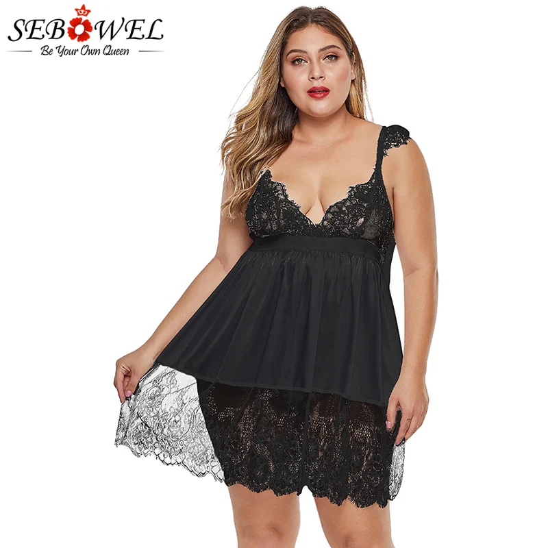 

SEBOWEL Sexy Black Lace Splice Plus Size Slip Babydoll Dress Slimming 2019 Summer One Piece Hollow Out Body Suit Fato De Banho