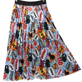

Big Sale Stretch Waist Printed Long Pleated Skirt With Cartoon And Letter High Waist Womens Colthing Retail Wholesale In Stock