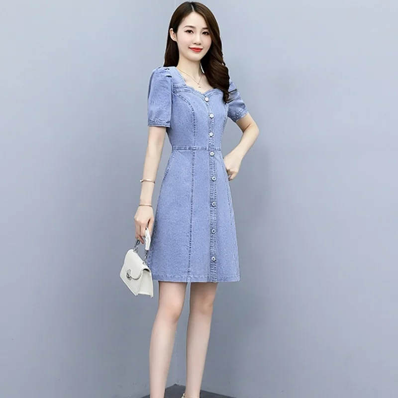 

Женское джинсовое платье с пышными рукавами, элегантное однотонное облегающее платье-трапеция с коротким рукавом, офисное платье в Корейском стиле, Новинка лета 2022