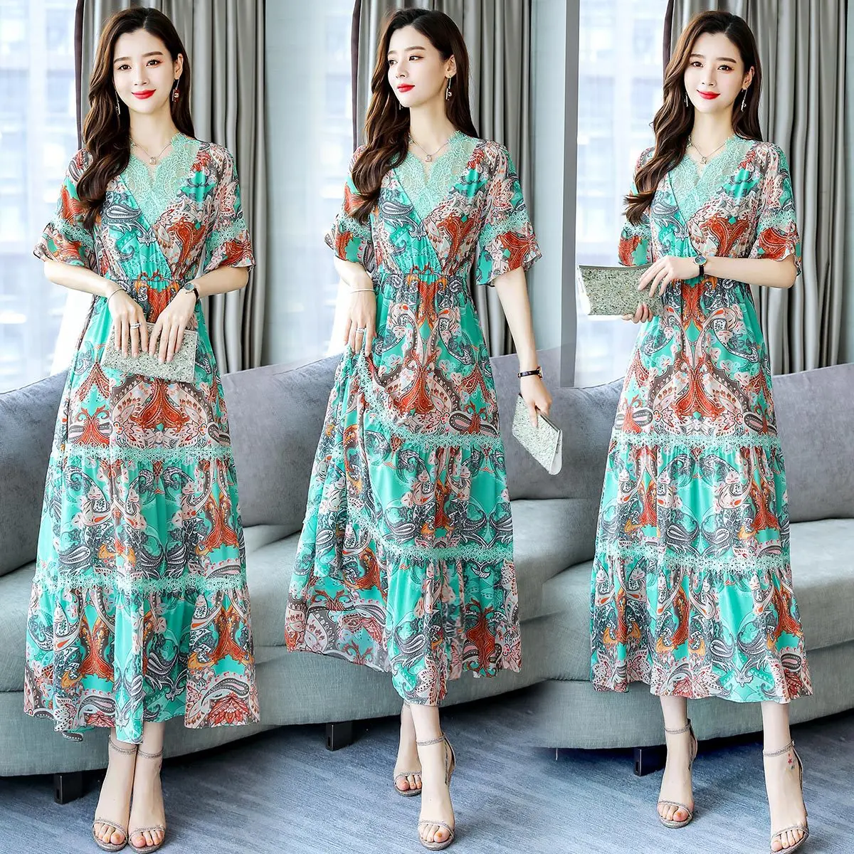 

National Wind Dress 2019 Summer New Style Printed Elegant Elegant Fashion Floral-Print Mid-length Dress