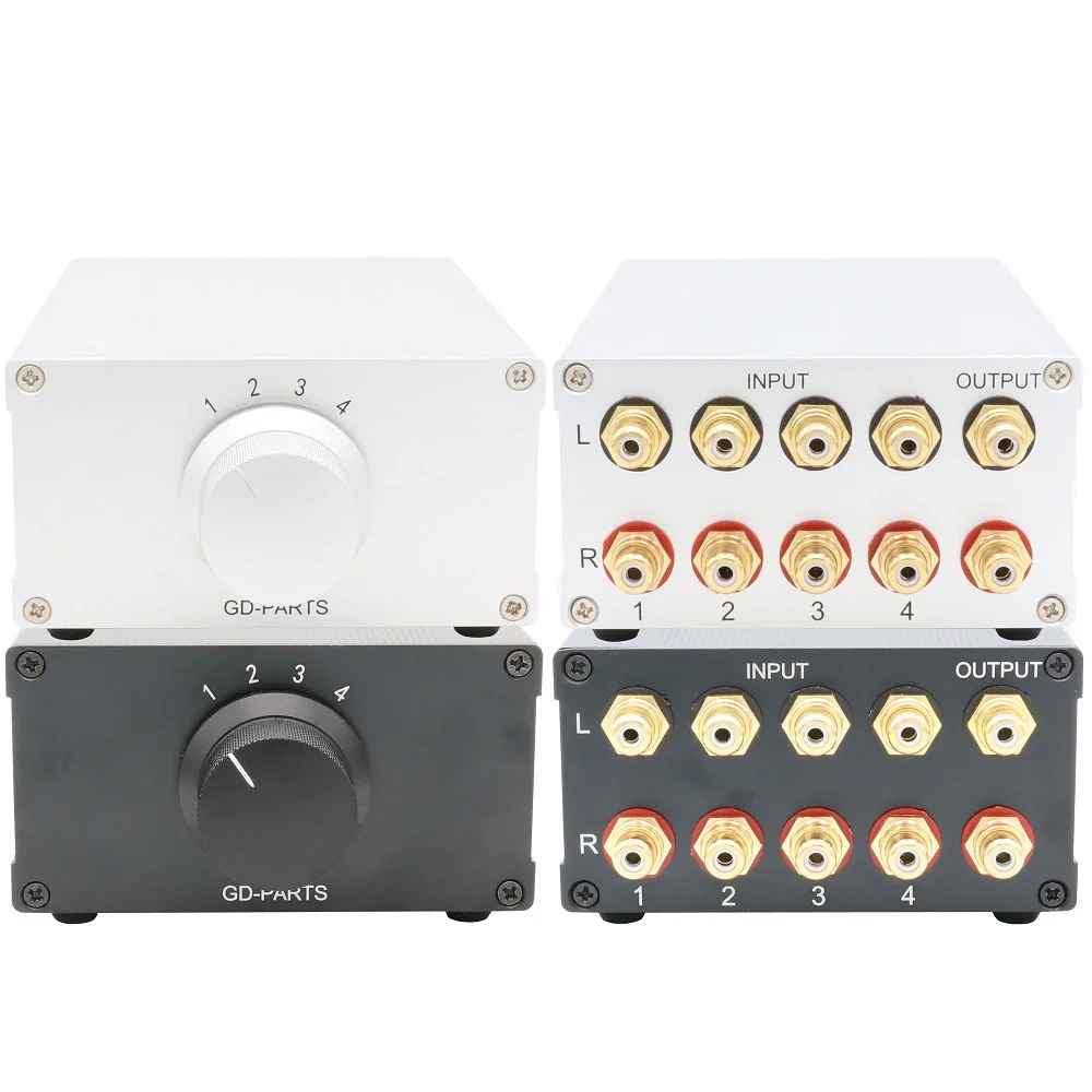 

4-канальный переключатель источников аудиосигналов, селектор, переключатель, сплиттер 1:4, алюминиевое шасси, позолоченные разъемы RCA, WBT, провод из птфэ