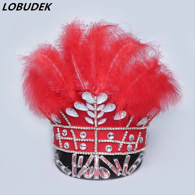 

Women Singer Dancer Performance Crystals Headdress Accessories Black Red Feather Rhinestones Hat Jazz Dance Cap Headgear Costume