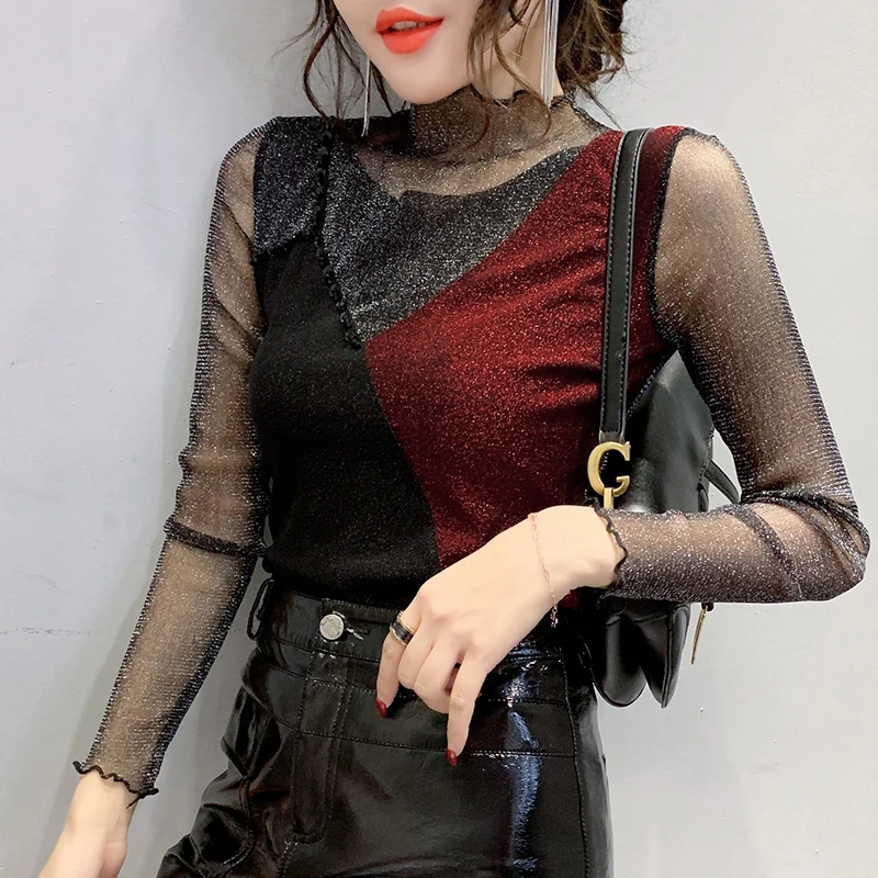 Wine red no fleece Лоскутные футболки, сексуальная блестящая женская футболка с бисером, новинка, Осень-зима, с флисовым топом, одежда с длинным рукавом, джемпер T90017 - Цвет: Wine red no fleece