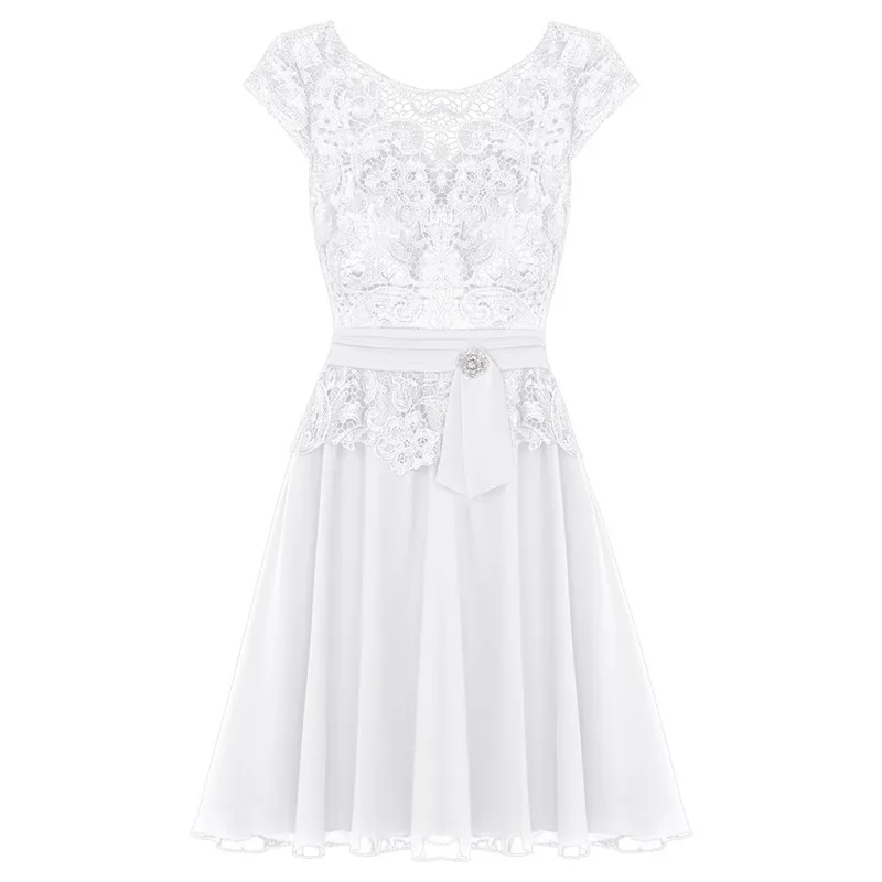 Women Ladies Short Sleeves Tea Length Floral Lace Overlay Elegant Pageant Formal Evening Party Chiffon Dress With Built-in-bra