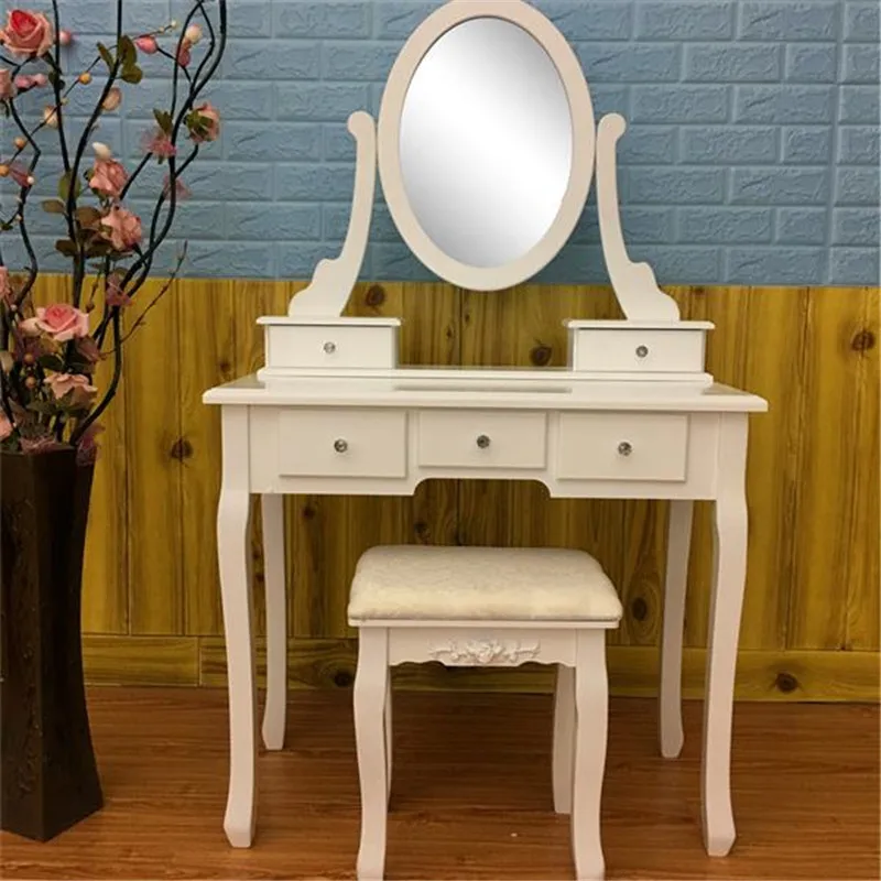 

Ladies Makeup Dressers White Bedroom Modern Dressing Table Desk Stool 360-Degree Rotation Mirror 5 Drawers with Chair Set
