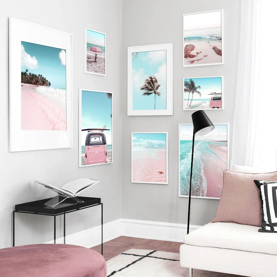Sea-Beach-Pink-Parasol-Car-Coconut-Tree-Wall-Art-Canvas-Painting-Nordic-Posters-And-Prints-Wall (1)