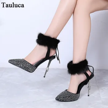 

Personality Women Fashion Pointed Toe Fur High Heels Sandals Rhinestone Ankle Strap Buckle Metal Stiletto Heels Crystal Sandals